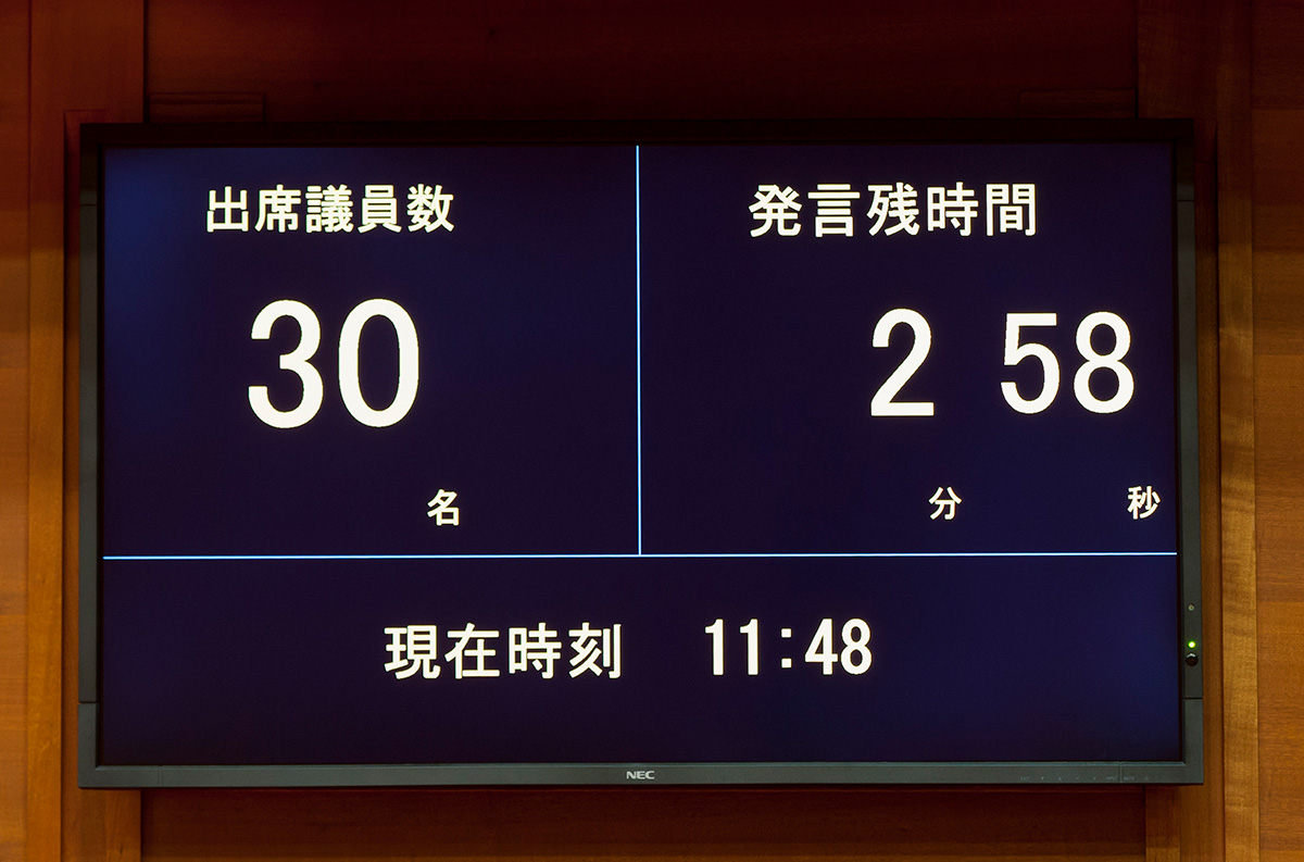 出席議員者数と発言残時間を表示する大型モニター